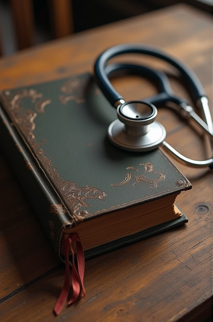 Closed book with a stethoscope next to it on a wooden table