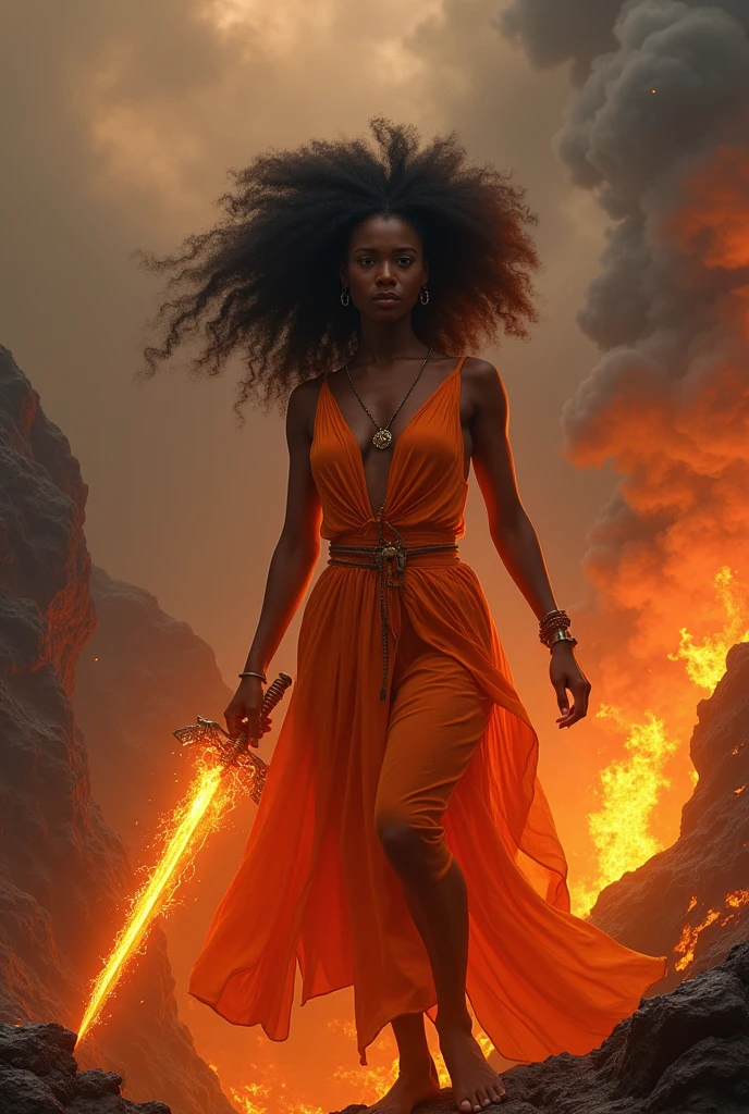 Black woman Orisha, warrioress, curly hair, in the middle of a volcano, orange dress, with a sword of fire in his hand