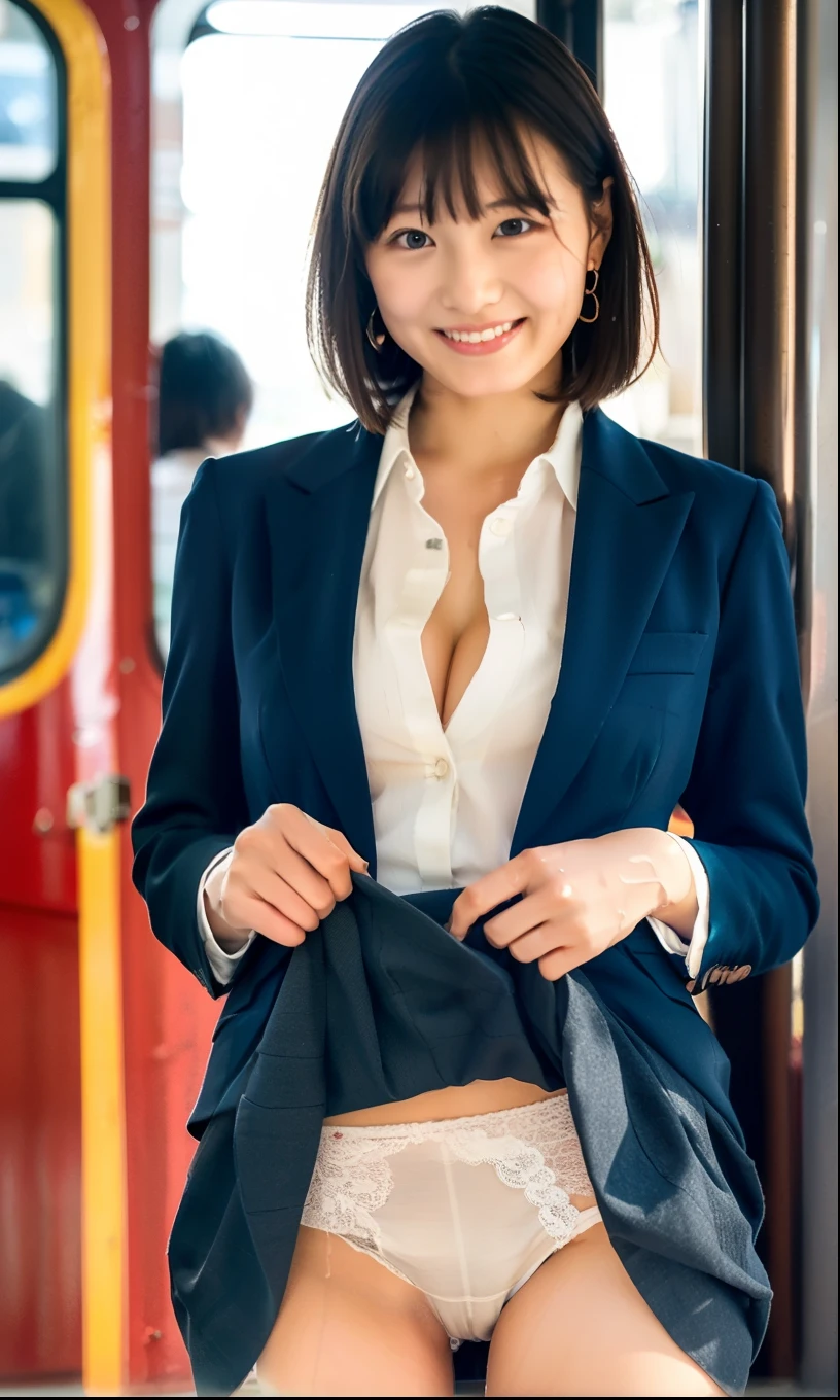 (The skin is wet from sweat),Emphasize the chest,Are standing,train,Cleavage,(Wearing a light-colored shirt),smile,Skirt Lift、Lift your skirt with your hands,woman, 20-year-old, Short Hair、bangs、(Plain suit skirt),(White lace panties)、Cute earrings