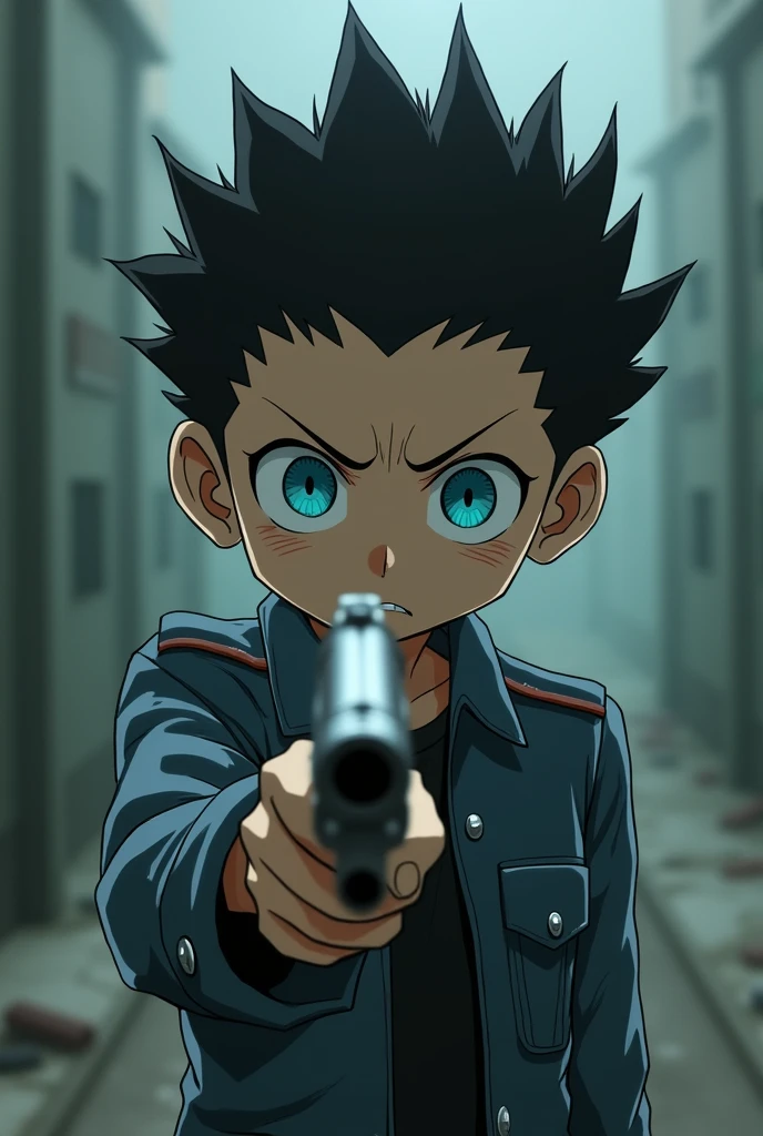 Stoic Brainwashed Nobita nobi with Intense Blue eyes holding a gun