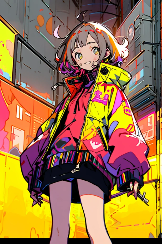 ​masterpiece, top-quality, 1girl in, City Pop, natta, Look at another one, The upper part of the body, vector illustrations, jaket, Smile, bluntbangs, length hair, lofi art, Matte texture