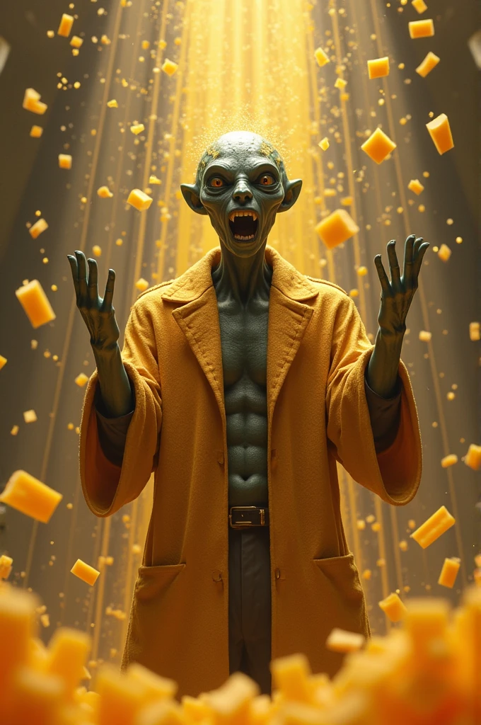 alien advocating in showers of grated cheese