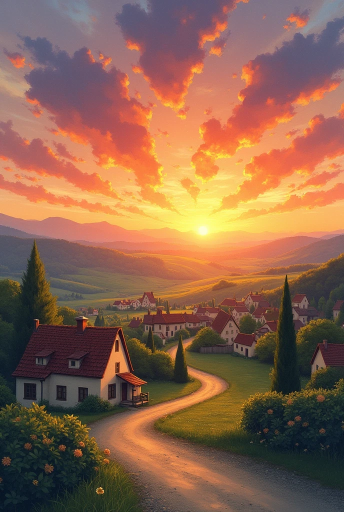 A drawing of the sun setting on the horizon in a small community