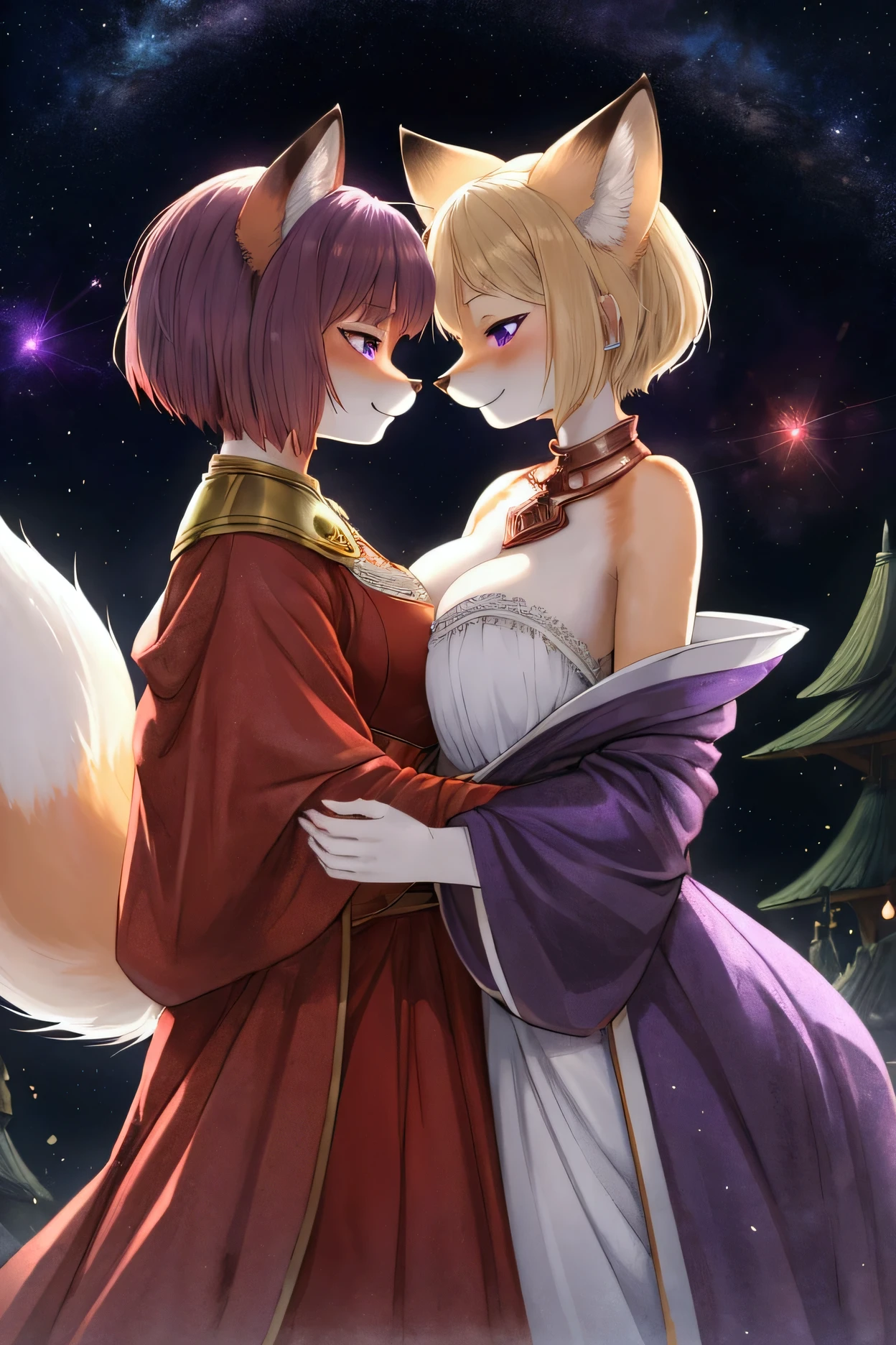 ASCIIrealistic, masterpiece, (side) view, couple portrait, two characters, cute COUPLE, lesbian couple, female couple : (female (anthro ((red) fox))), detailed and extremely fluffy body fur, glossy fur, purple eyes, round chest, ((short messy copper hair, short bangs, short blunt bob hairstyle)), (fantasy black and purple magician witch outfit), half-closed eyes, closed mouth, cheeky seductive expression, embracing another, a second (female (anthro ((white)) feline cat))), flat chest, blue eyes ((long messy blonde low twin tails)), (fantasy sky blue high priestress robe with golden gemstone accessories details) uploaded on e621, (by Hasui Kawase:0.5), by Barbara Takenaga, by Affandi, by Beatrice Ethel Lithiby, by Catcouch, FurryCore, nighttime, intricately space galaxy background, ethereal magical lights, dim lighting, emitting otherworldly glow that defies the laws of natural light, detailed, realistic, 8k uhd, high quality, high quality photography, 3 point lighting, flash with softbox, 4k, Canon EOS R3, hdr, smooth, sharp focus, high resolution, award winning photo, 80mm, f2.8, bokeh, cinematic composition, cinematic lighting,highly detailed, masterpiece, best quality, realistic, (intricate:0.9), (high detail:1.4), film photography, sharp focus,