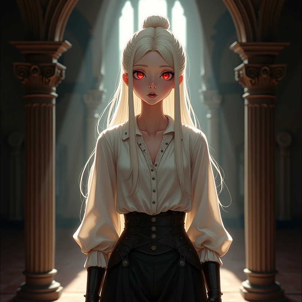 a beautiful girl, calm, vampire, bright red eyes, white long hair, pale skin, hairstyle bun at the back, white ancient shirt, black ancient pants with armor, flat body shapes, furnishings of an old castle, sun rays, dark atmosphere