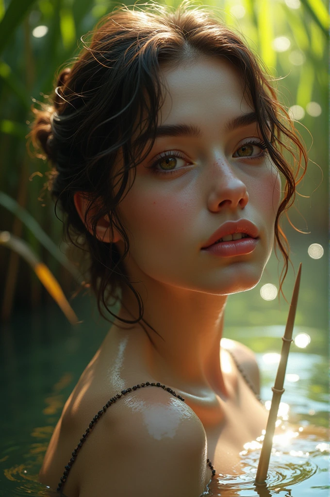 close up portrait of a cute woman (gldot) bathing in a river, reeds, (backlighting), realistic, masterpiece, highest quality, lens flare, shade, bloom, [[chromatic aberration]], by Jeremy Lipking, by Antonio J. Manzanedo, digital painting,