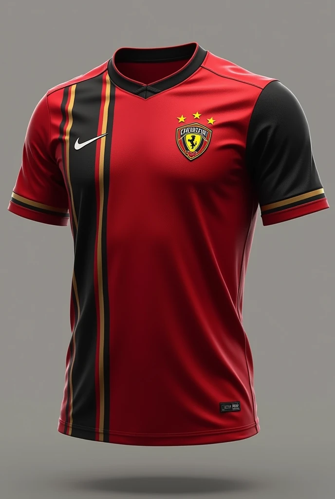 faça uniforme time de ⚽ com as cores 1°vermelha 2°preto e 3°dourado, with red being the primary color, the second being black and the third being gold