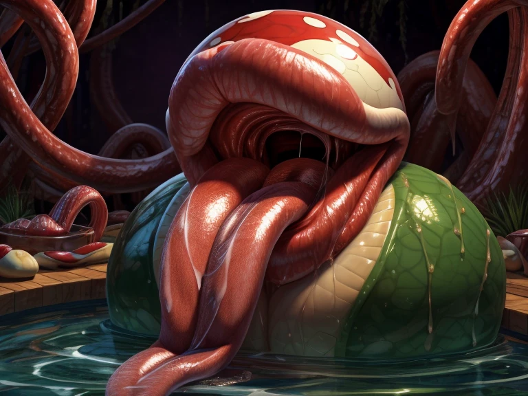 Giant piranha plant, big fleshy lips, big full lips, chubby fleshy lips, tongue out, long tongue, fleshy tongue, full tongue, wet tongue, oiled, carnivorous plant