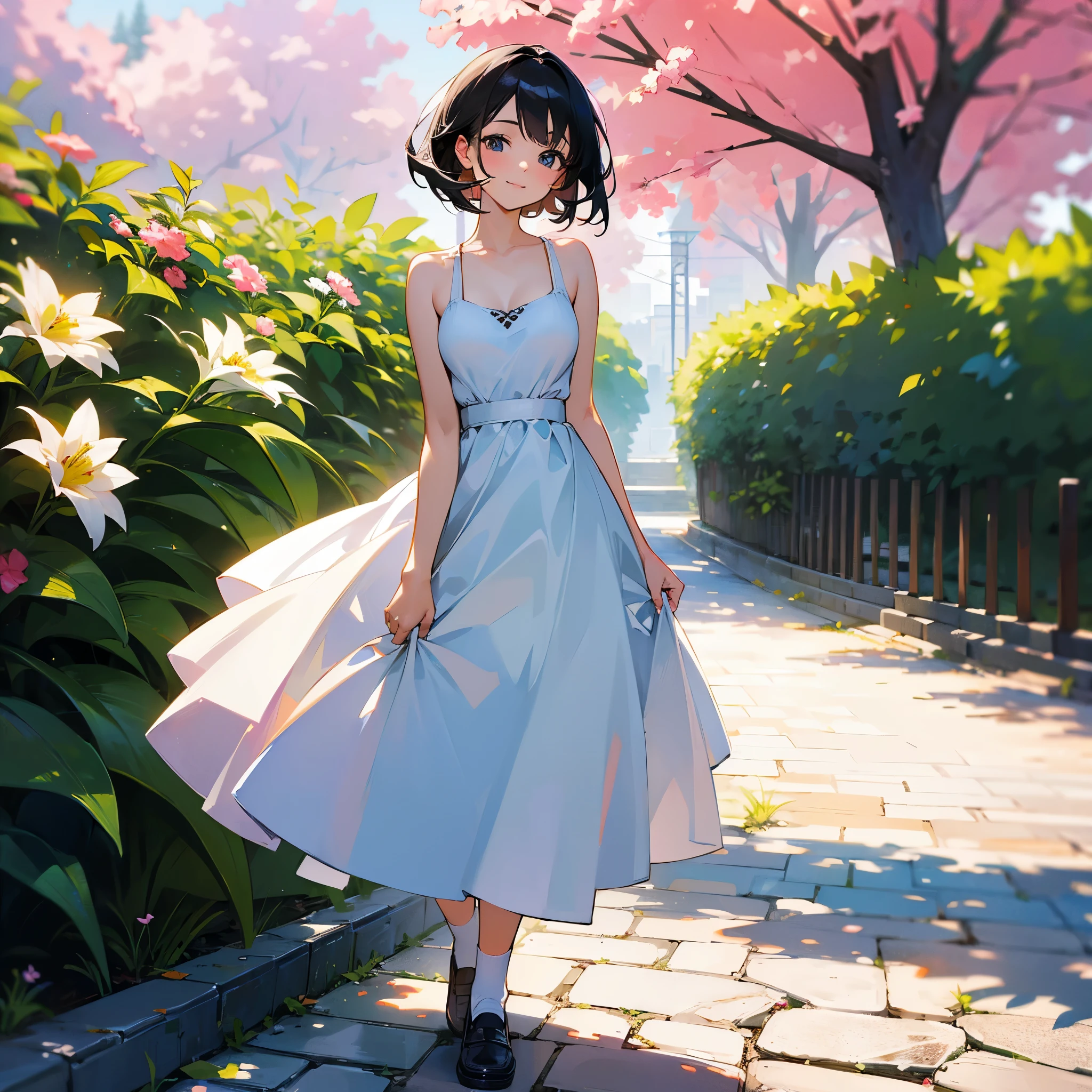(high quality, High resolution, Very detailed, reality:1.37), Peaceful atmosphere, (Outdoor, garden), age girl standing alone, (my brea big.), Beautiful details, Cute Smile, (Black bob hair), White camisole dress, White socks, loafers.