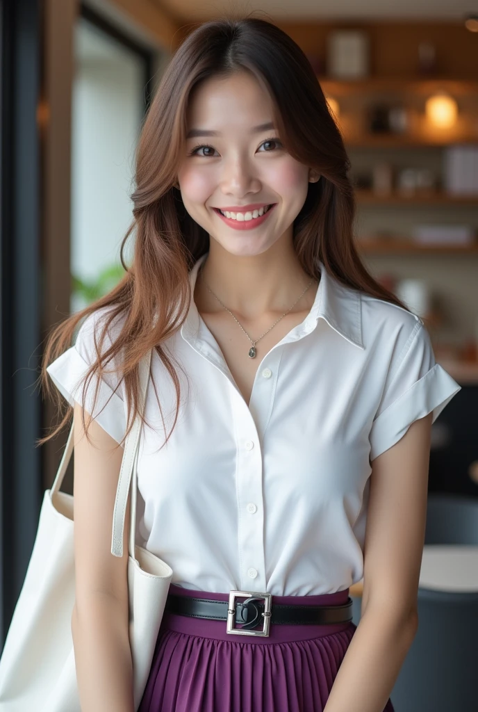 Tabletop、Highest quality、Genuine、Very detailed、finely、High resolution、8k wallpaper、One beautiful woman、light brown disheveled hair、Sharp focus、Perfect dynamic composition、Beautiful and detailed、Thinning hair、詳細なGenuineな肌の質感、smile、Close-up portrait、Model body type、smile、29-year-old Japanese woman、White short sleeve blouse、Purple long skirt、Black shiny enamel belt、necklace,White Tote Bag,Straight Long Hair, Center of chest, Natural color lip, Random sexy poses,In front of a cafe near Tokyo Station,The whole body is shown from the front,Anatomically correct body,