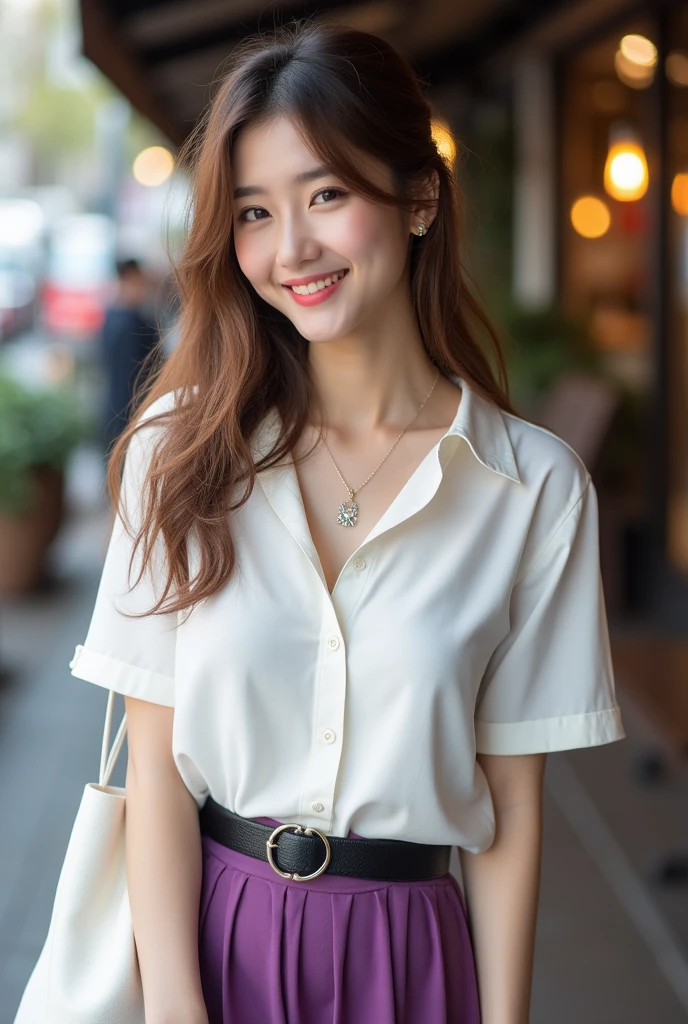 Tabletop、Highest quality、Genuine、Very detailed、finely、High resolution、8k wallpaper、One beautiful woman、light brown disheveled hair、Sharp focus、Perfect dynamic composition、Beautiful and detailed、Thinning hair、詳細なGenuineな肌の質感、smile、Close-up portrait、Model body type、smile、29-year-old Japanese woman、White short sleeve blouse、Purple long skirt、Black shiny enamel belt、necklace,White Tote Bag,Straight Long Hair, Center of chest, Natural color lip, Random sexy poses,In front of a cafe near Tokyo Station,The whole body is shown from the front,Anatomically correct body,