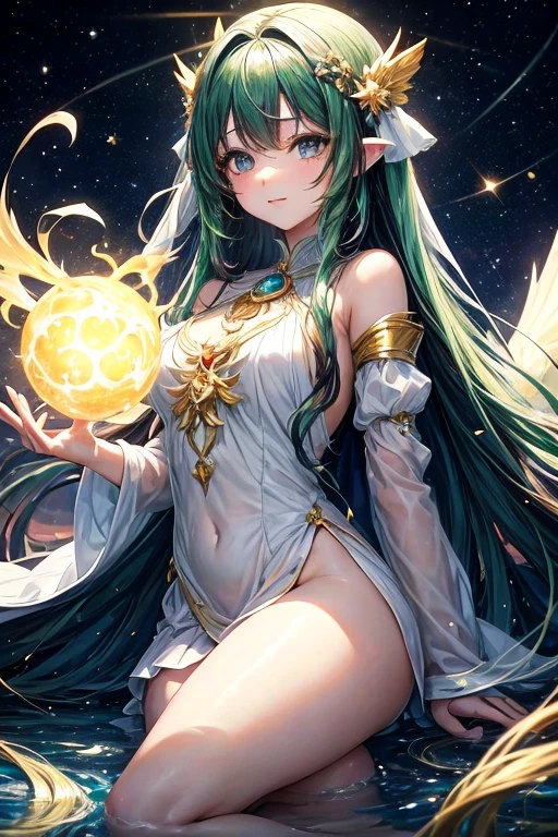 Imagine an anime girl with ethereal beauty., as if it had been sculpted by the same artists who painted the stars in the night sky. Her hair flows like a waterfall of golden threads, capturing sunlight in every strand. His eyes are two bright emeralds, full of life and mystery, Reflecting a spirit that is both ancient and eternally young.. The girl&#39;s skin has the soft glow of dawn, and her smile is so radiant that it could illuminate even the darkest corners of the heart..&quot;