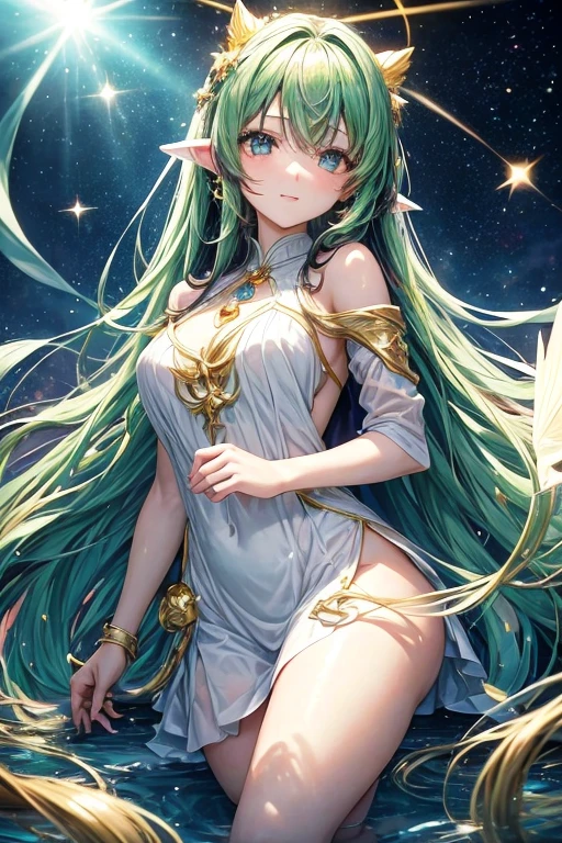 Imagine an anime girl with ethereal beauty., as if it had been sculpted by the same artists who painted the stars in the night sky. Her hair flows like a waterfall of golden threads, capturing sunlight in every strand. His eyes are two bright emeralds, full of life and mystery, Reflecting a spirit that is both ancient and eternally young.. The girl's skin has the soft glow of dawn, and her smile is so radiant that it could illuminate even the darkest corners of the heart.."