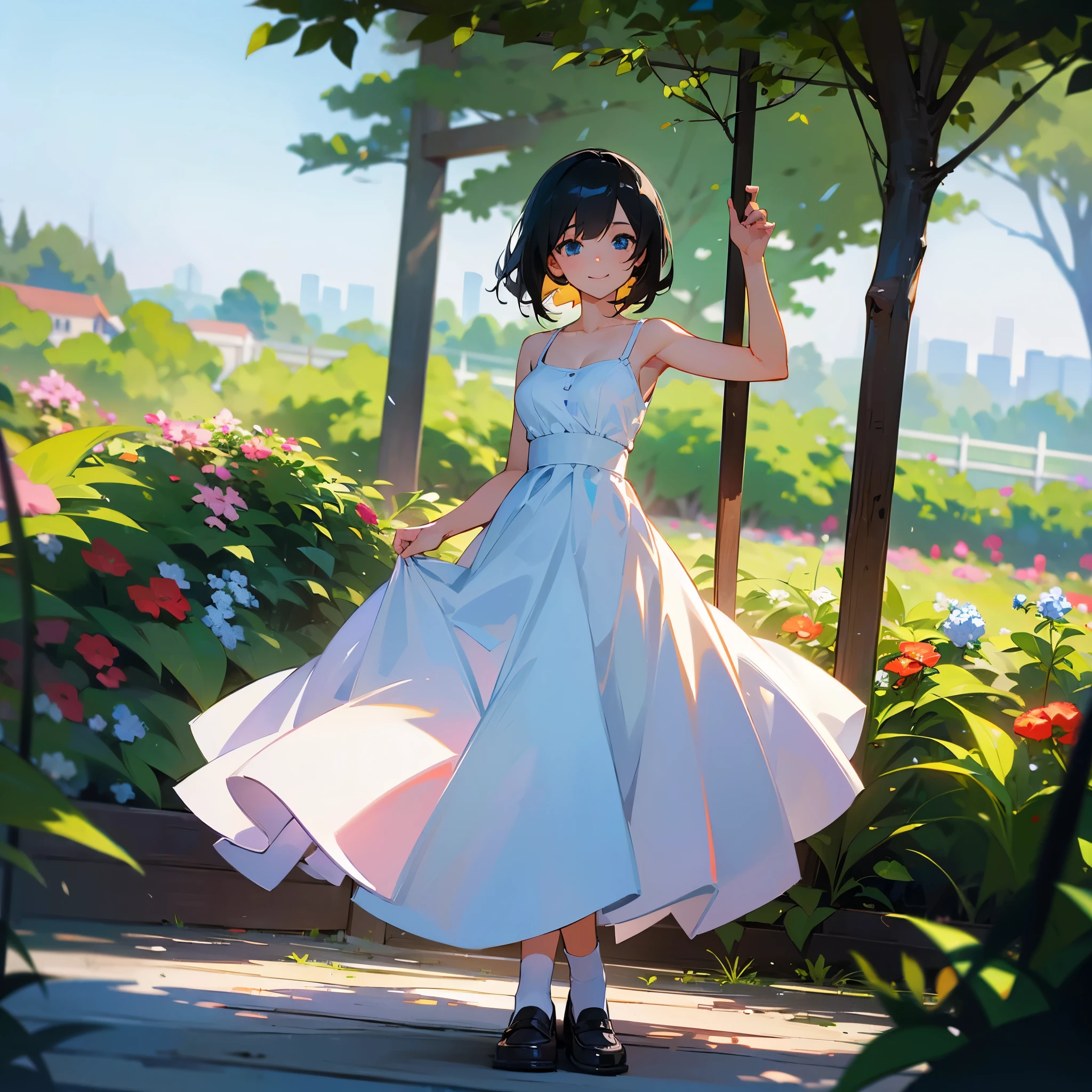 (high quality, High resolution, Very detailed, reality:1.37), Peaceful atmosphere, (Outdoor, garden), Teenage girl standing alone, (my breasts are big.), Beautiful details, Cute Smile, (Black bob hair), White camisole dress, White socks, loafers.
