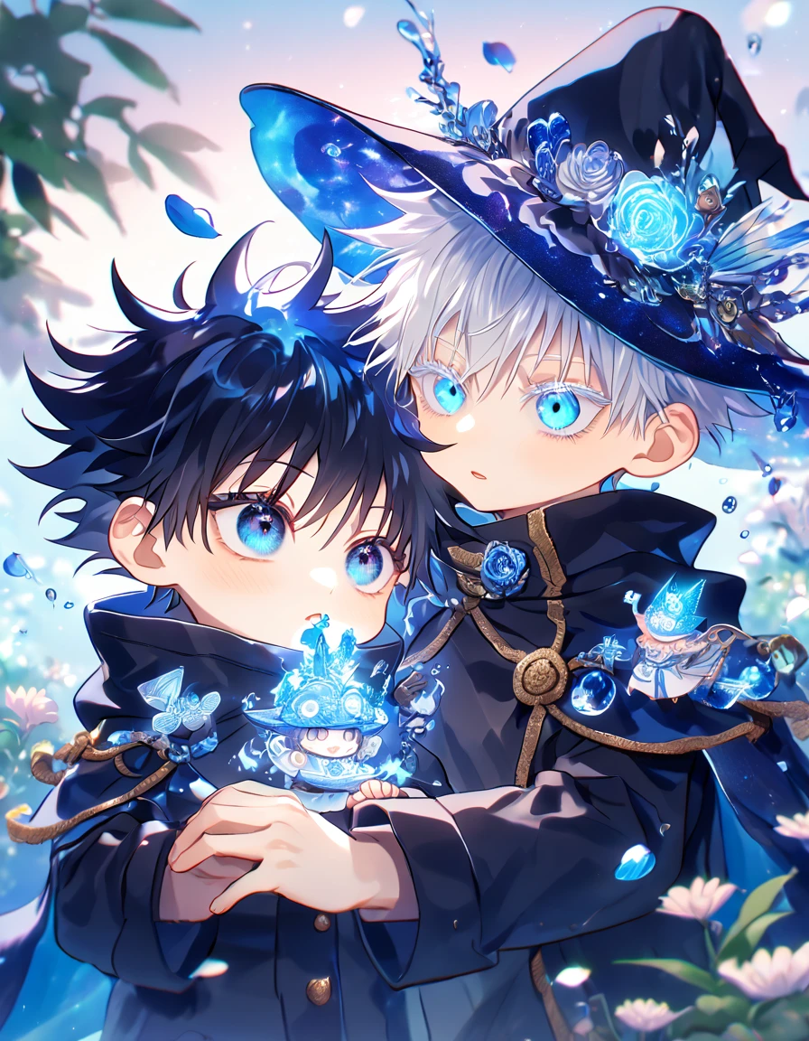 absurdres, highres, ultra detailed, HDR, master piece, Gojou Satoru chibi, white hair with bangs, white eyelashes, expressive blue eyes, Fushiguro Megumi chibi, black hair, expressive blue eyes, expressive blue eyes, Jujutsu Kaisen, magical hat, cute, best quality, blue moon, flowers, fantasy, magical, two boys hugging, yaoi, gay couple, water, blue shining fireflies, blue petals, cape,