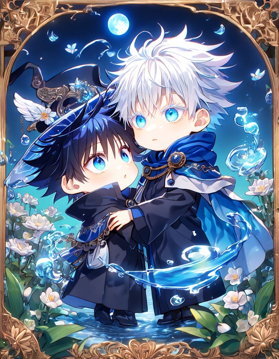 absurdres, highres, ultra detailed, HDR, master piece, Gojou Satoru chibi, white hair with bangs, white eyelashes, expressive blue eyes, Fushiguro Megumi chibi, black hair, expressive blue eyes, expressive blue eyes, Jujutsu Kaisen, magical hat, cute, best quality, blue moon, flowers, fantasy, magical, two boys hugging, yaoi, gay couple, water, blue shining fireflies, blue petals, cape,