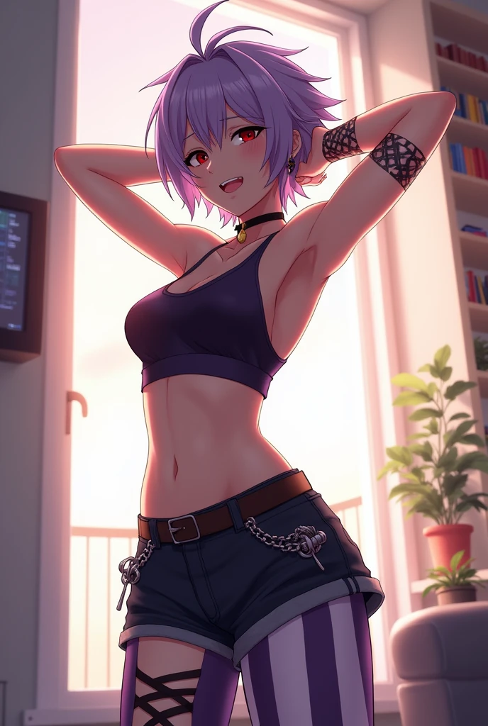 (masterpiece), dynamic lighting, 1girl, solo, tomboy, fangs, tan skin, abs, navel, spikey hair, antenna hair, tomboy hair, short hair, light purple hair, red highlights in hair, hair highlights, short armpits, breasts, crop_top, white_background, midriff, jewelry, red_eyes, living room background, dorm, sunset, twilight, earrings, sleeveless, :3, Smirk, Purple_hair, arms_up, covered_nipples, small_breasts, toned, pants, closed_mouth, arms_behind_head, open_fly, bare_shoulders, penis buldge in pants, tight shorts, purple and white striped stocking, makeup, black eyeliners, leather straps, chains, gothic makeup, plants bookshelves, television, sports shoes, loose laces, heavy eye bags, tired