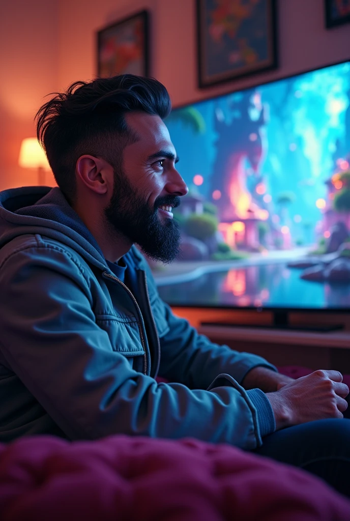 Brazilian man with beard and quiff playing video games and having fun, with a TV and a fantasy world of games in the background