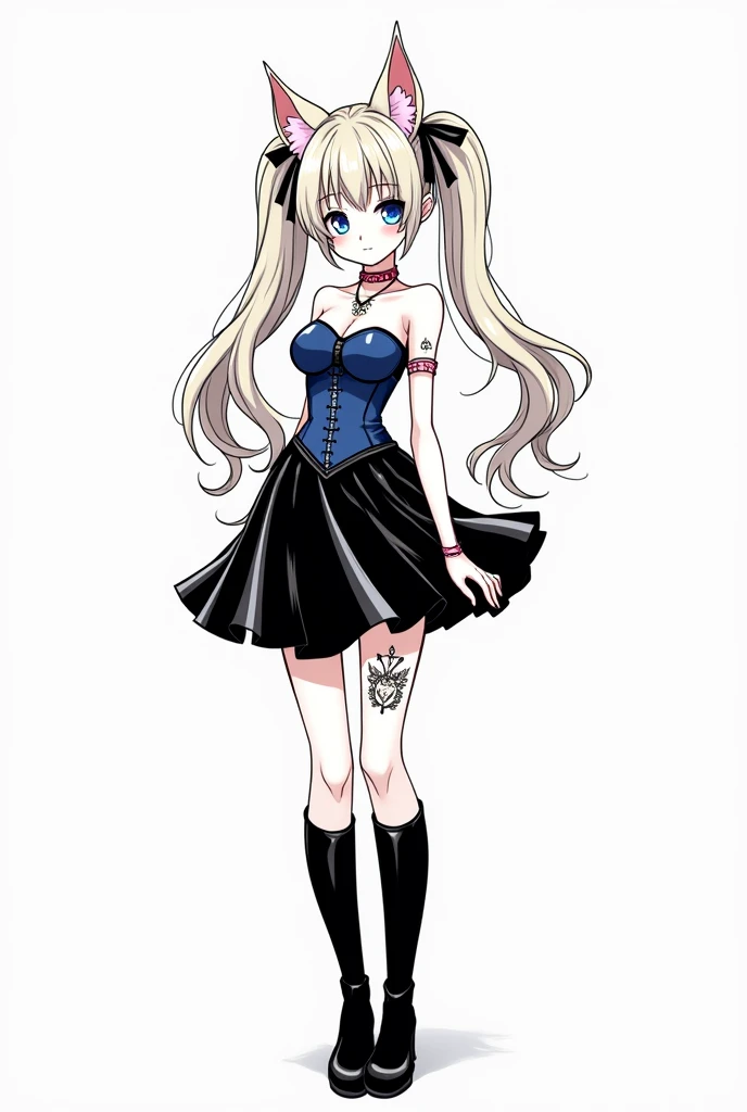 Anime line art, (monochrome), black and white, (colorless), Full body image of latex fashion girl with HARD SHARP lines, young cute, Japanese cartoons, Lovely, light blond shiny hair in long pigtails, (Navel tattoo), shiny black Latex flowing skirt, blue latex corset and a black skirt. She has long blonde hair styled in two cat ears with pink tips. The girl is also wearing a pink choker necklace. black Latex gloves, Latex knee-high boots, High-gloss finish, Super detailed, (basement), 8K.