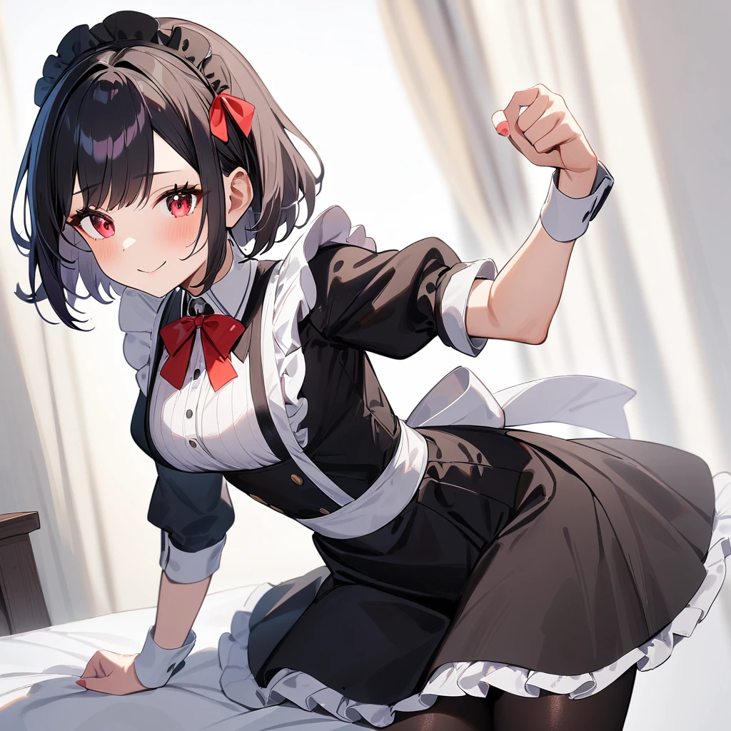 1girl,Solo,smile,blackhair,red eyes,purple and red,Maid,black skirt,black Shiny pantyhose,masterpiece, best quality, very aesthetic, absurdres 