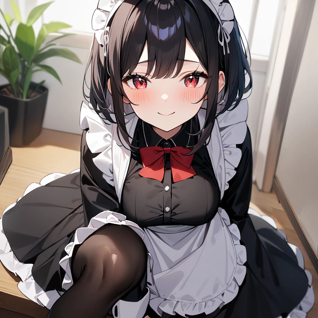 1girl,Solo,smile,blackhair,red eyes,purple and red,Maid,black skirt,black Shiny pantyhose,masterpiece, best quality, very aesthetic, absurdres 