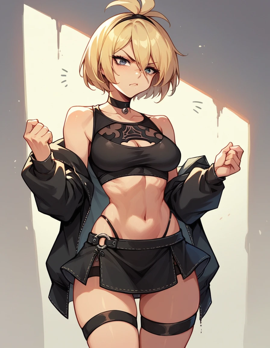 chica sexy , b-2 nier automata, medium breasts, short skirt, black top, choker , thigh strap , annoyed , sexy