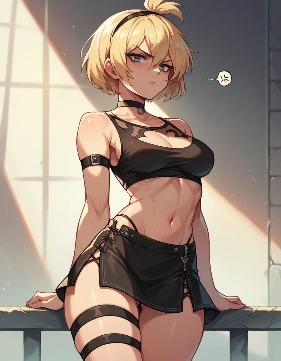chica sexy , b-2 nier automata, medium breasts, short skirt, black top, choker , thigh strap , annoyed , sexy