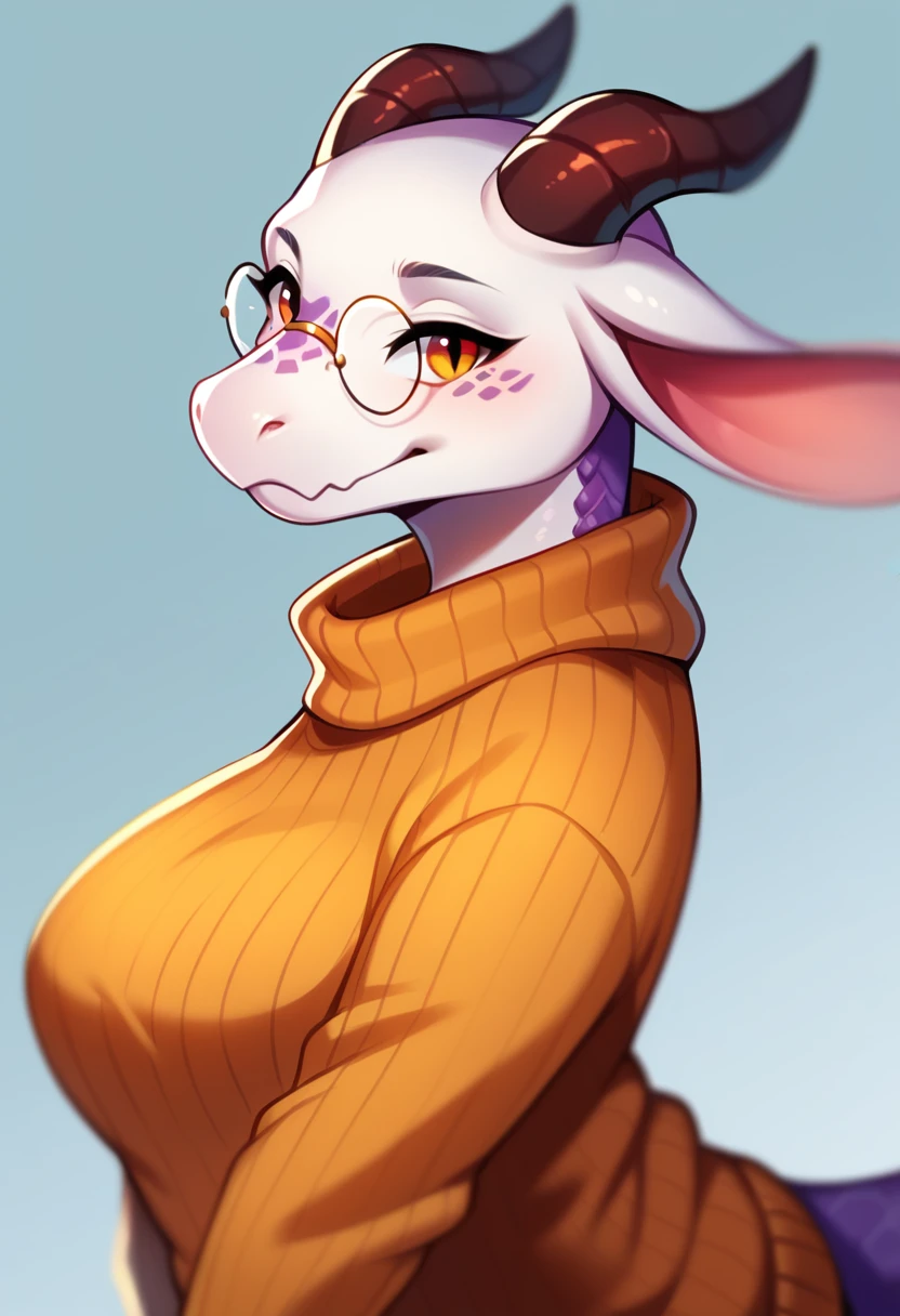 score_9, score_8_up, score_7_up, mis'alia, 1girl, solo, furry female, dragon girl, horns, snout, white skin, glasses, sweater, breasts, portrait, from side, looking at viewer, pince-nez, round eyewear, depth of field,