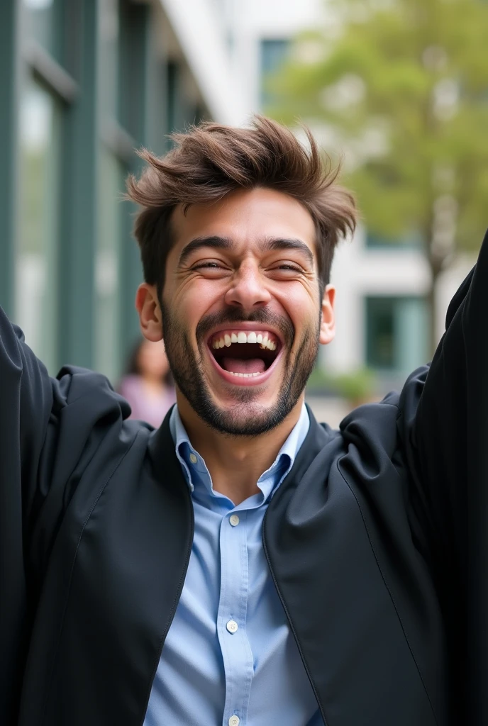 A happy young adult man celebrating winning a postgraduate course 