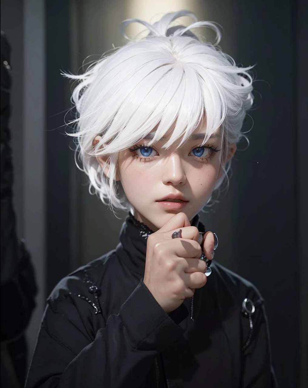 ( GOJO SATURO_JUJUTSU NO KAISEN),((realistic, photorealistic)),(highlight hair)), Light reflection, (( HD )),((upper body)), (((best quality, masterpiece))), (masterpiece) (best quality) (detail) (8k) (HDR) (wallpaper) (cinematic lighting) (sharp focuasterpiece, best quality: 1.1), Real life adaption of this character, realistic outfit, realistic shadow, realistic light, realism, hyper realistic, realistic background,realistic hair,(photorealistic:1.2), (masterpiece: 1.2), (best quality: 1.3), (clear details: 1.3), ((((ultra-detailed)))), ((detailed eyes)), (extremely detailed face:1.4), (highly detailed eyelash:1.6), Ada_re4, (sitting),(beautiful face:1.5), (Masterpiece, Top Quality: 1.2), (((satoru gojo, white hair, blue eyes, white eyelashes, white skin))), 1boy, simple background, smileIncrs404,english text,Written On Clothes,1male,portrait,satoru gojo,white hair,short hair,hair between eyes,blue eyes,colored eyelashses,(thumbs_up:1.4),(cowboy_shot:1.3),Shibuya station background,Stabbing the body