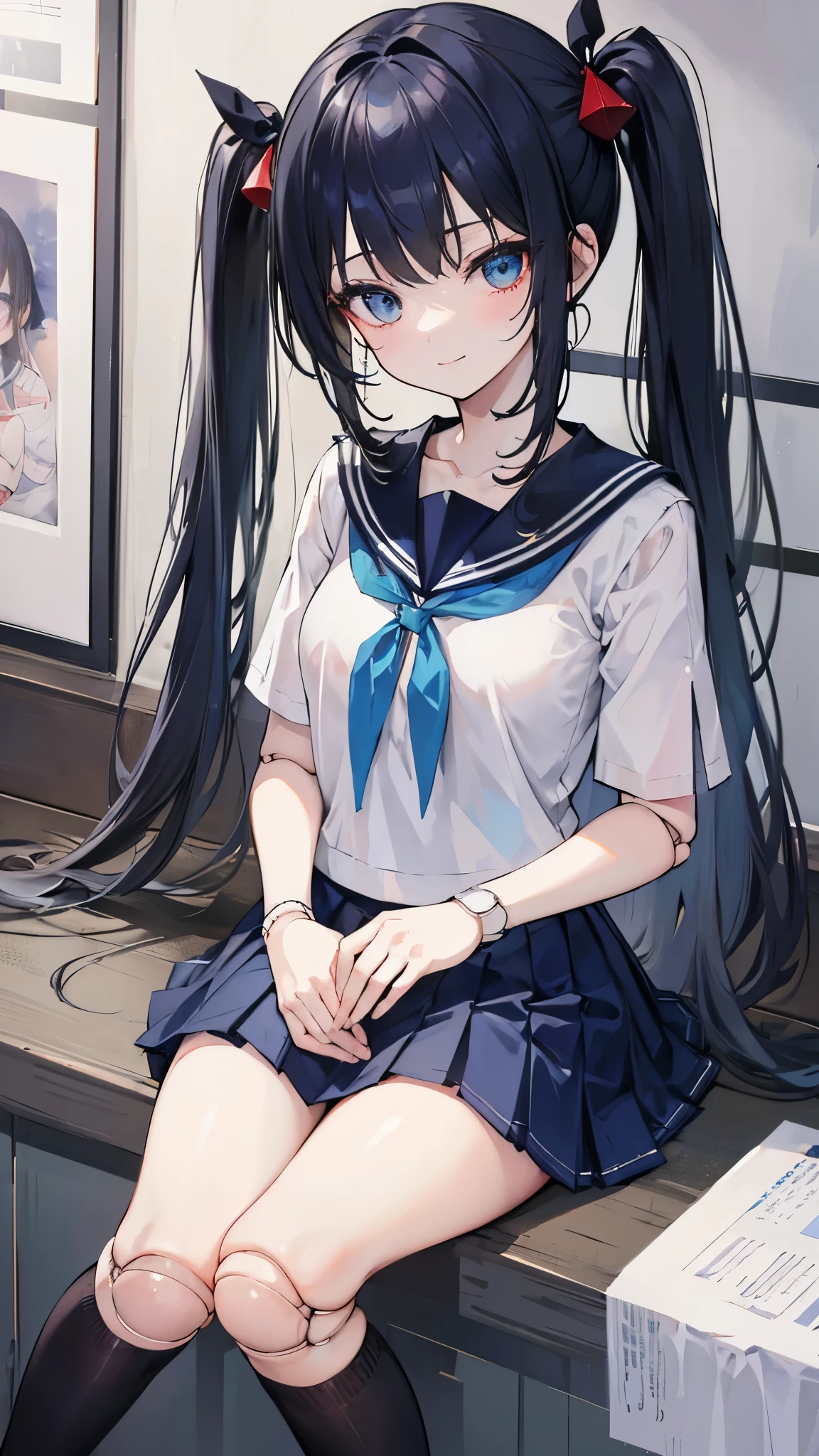 ((masterpiece、Highest quality、Very detailed))、One girl、Black Hair、Long Hair、twintails、blunt bangs、Light blue eyes、evil smile、Small breasts、((serafuku))、Short sleeve、((Navy blue pleated skirt))、((micro kirtlift))、((pussy))、((doll joints))、storeroom
