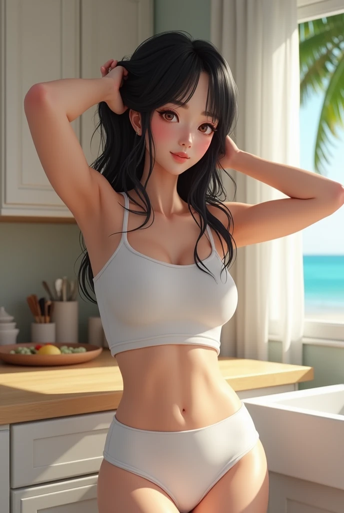 ((Realistic lighting, Best quality, 8K, Masterpiece: 1.3)), Focus: 1.2, 1girl, Perfect Figure: 1.4, Slim Abs: 1.1, ((Dark black hair)), (white opaque crop top and opaque short shorts: 1.4), opening kitchen cabinet, (indoor, Day: 1.1), Super fine face, Fine eyes, Ai influencer, (beach, palm trees), (beach, palm trees), (beach, palm (navel), (navel), (navel), (She runs her hands through her hair.), (She runs her hands through her hair.), (She runs her hands through her hair.)