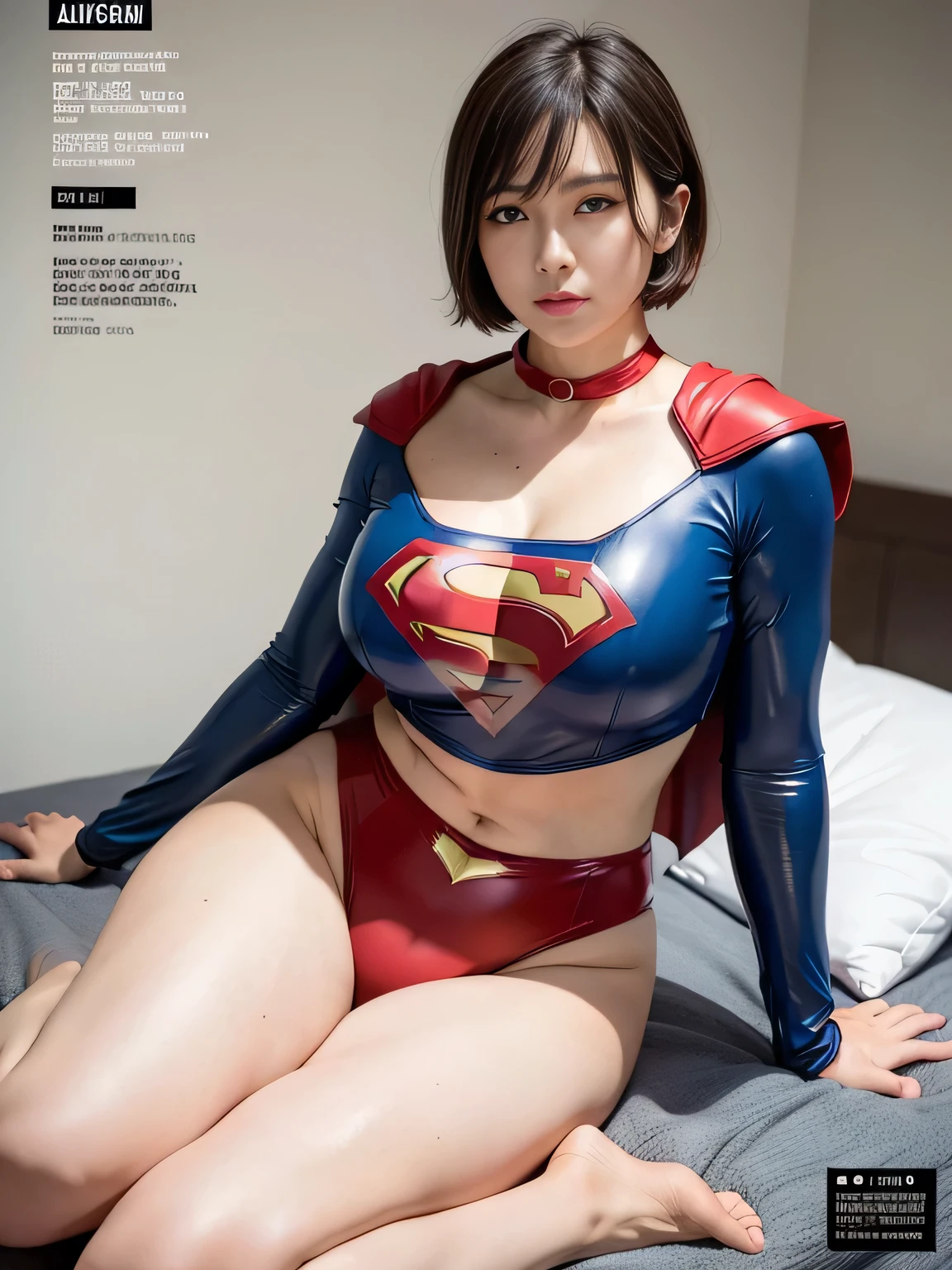 masterpiece、Rubber Supergirl Costume、Short Hair、Sitting deep in the hospital bed、Crisis situation、Big and ample breasts、looking at the camera、Shiny、Off the shoulder、choker、Long sleeve、exy poses to seduce、Sweaty skin、Model body type、Alluring、charm、Enchanting、Abused、test subject、victim、Wild、Photorealistic、latex、Expose your belly、athlete、High leg leotard、Photo magazine cover、Cape、Glamorous cleavage、barefoot、40-year-old woman、