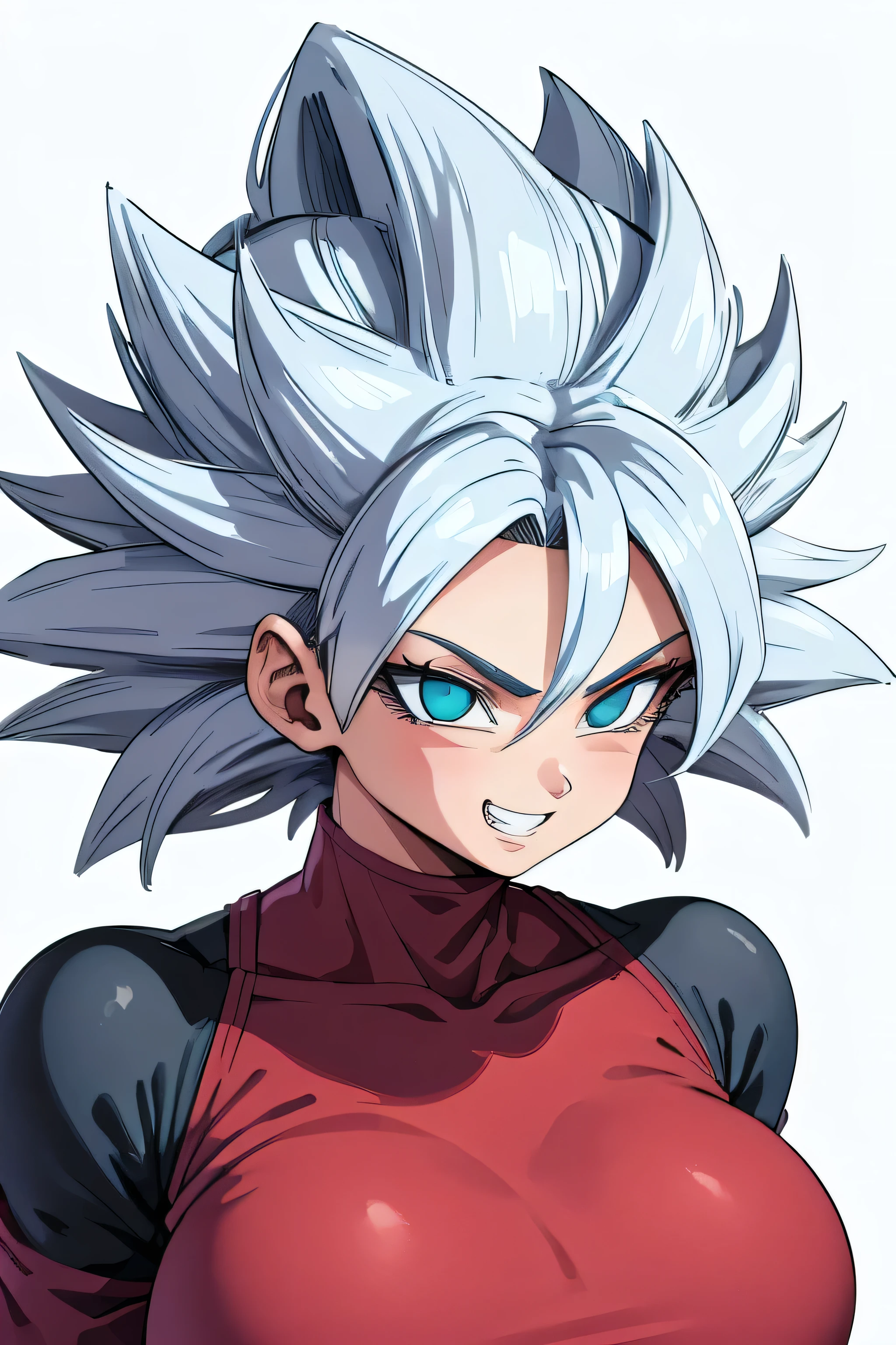 Kizi, gray hair ,forma beast, dragonball z, 80s style, アニメ, big boobies, white background, work of art, glued clothes, looking at the camera, smiling showing teeth, Eyes red, defined abdomen, frizzy hair,