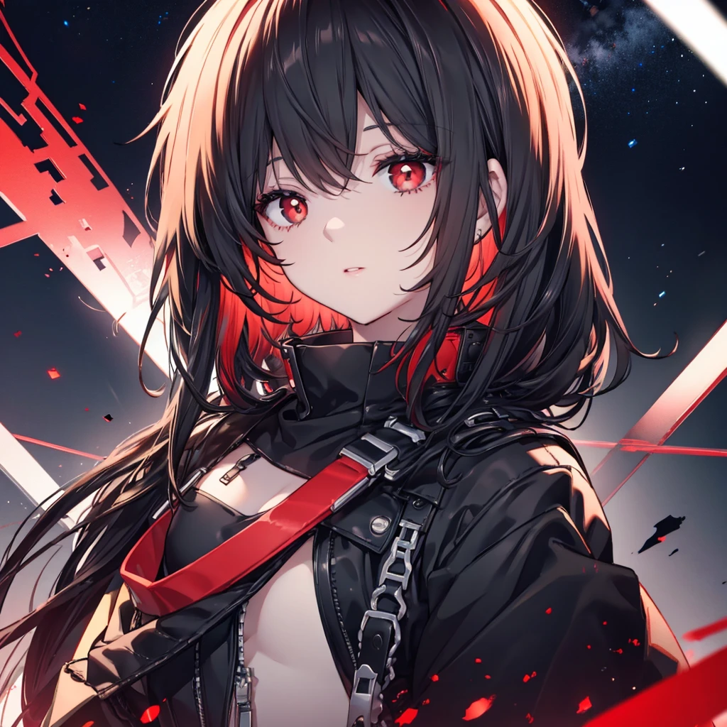 Black eyes with red pupils,black and red hair with some stars