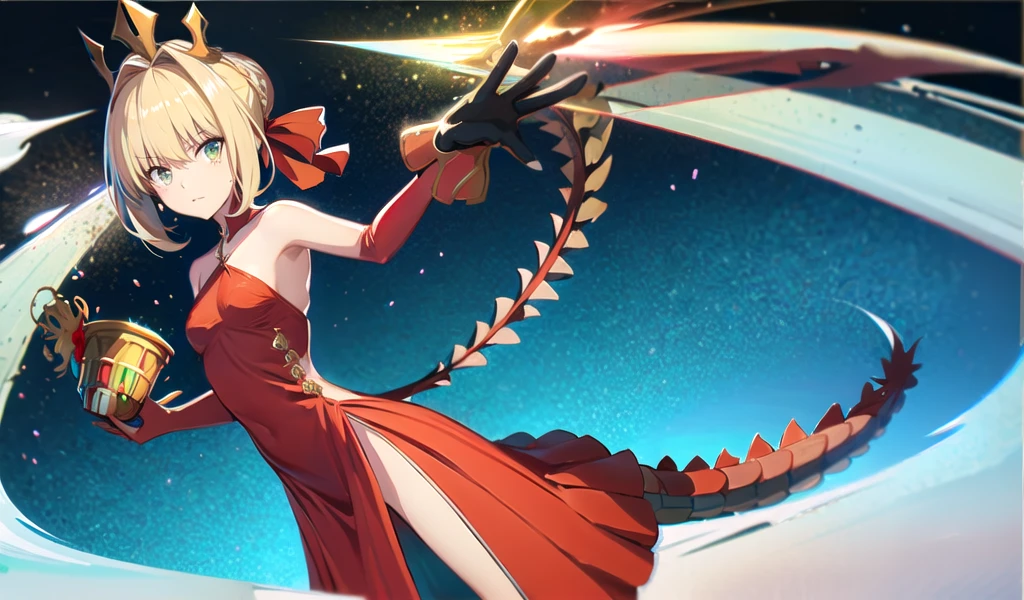 Blonde flat-chested girl，crown，red dragon scales，Dragon tail，Little red dress，thigh，stand，Rose