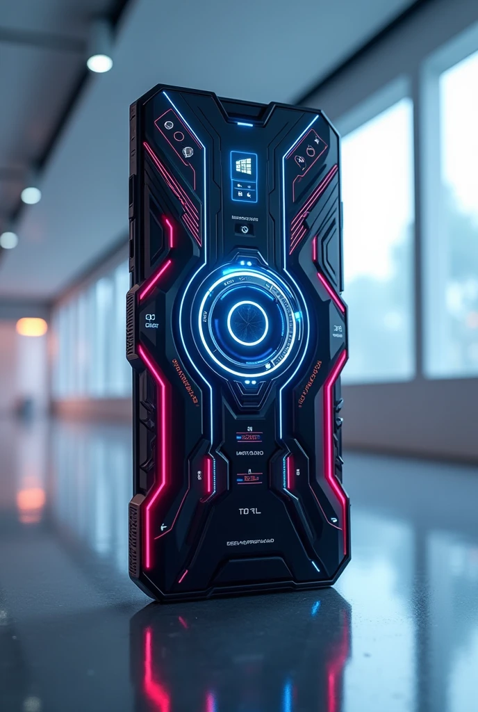 Create a mobile phone with a unique gaming interface, facing the front
