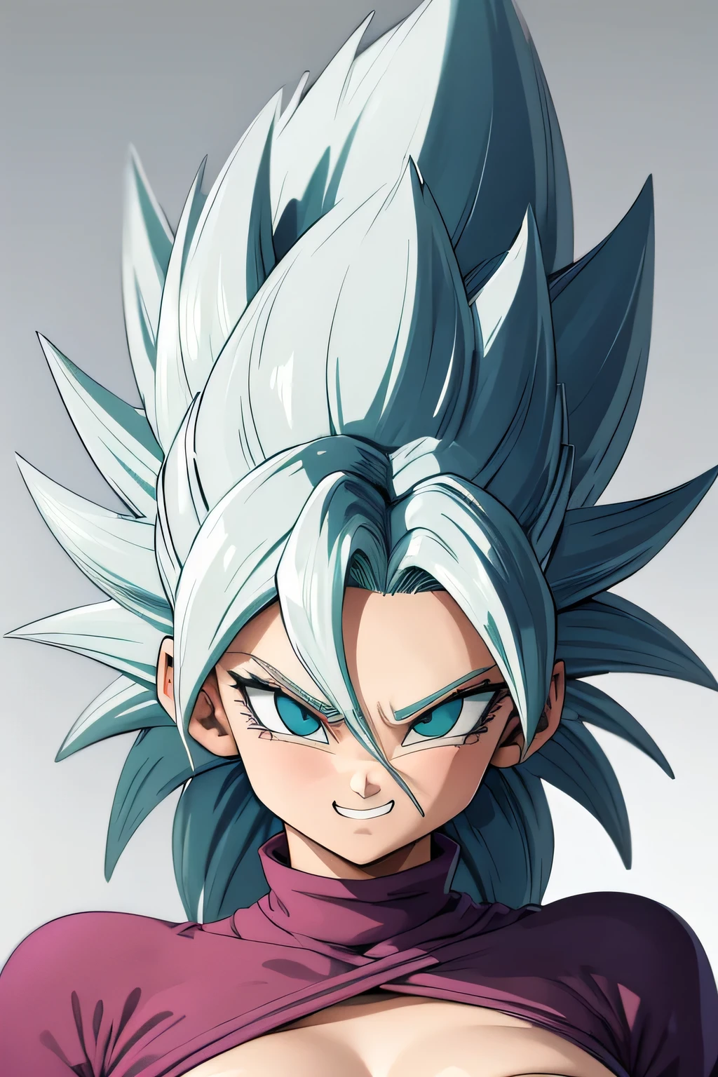 Kizi, gray hair ,forma beast, dragonball z, 80s style, アニメ, big boobies, white background, work of art, glued clothes, looking at the camera, smiling showing teeth, Eyes red, defined abdomen, hair sticking up, evil gaze,