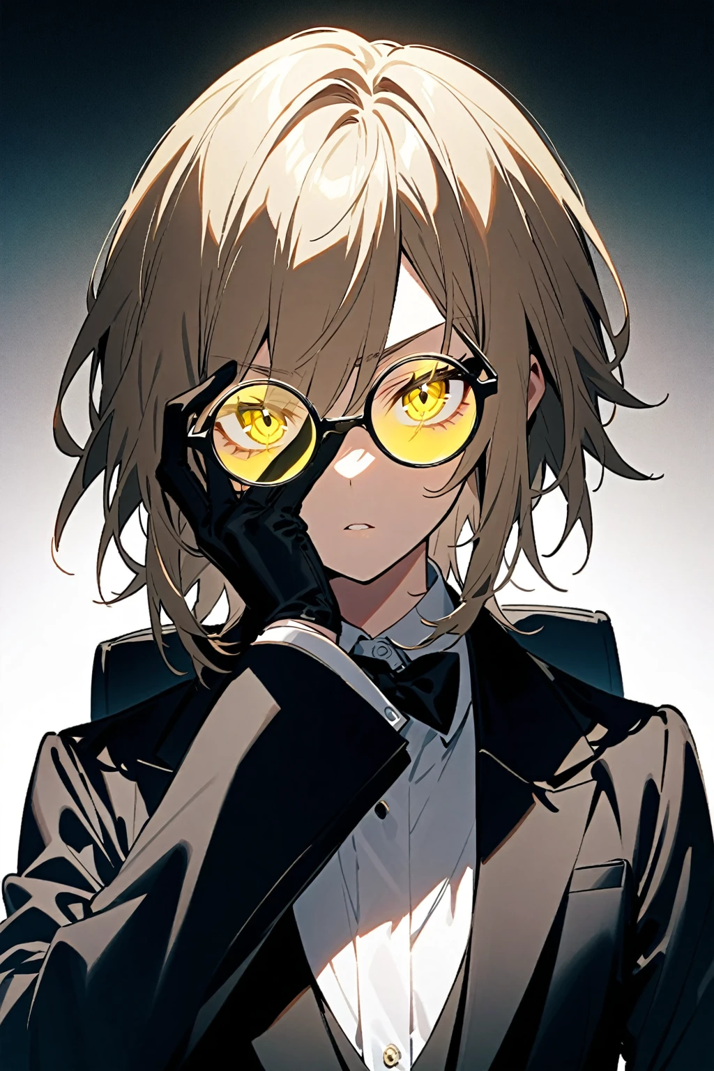 young woman of 26 years with a very androgynous appearance, with short light brown hair with much longer bangs covering the right side of his face and vacant yellow eyes. He wears an elegant black male suit. besides, wears half-moon glasses. Shows an intimidating attitude and a sharp look.