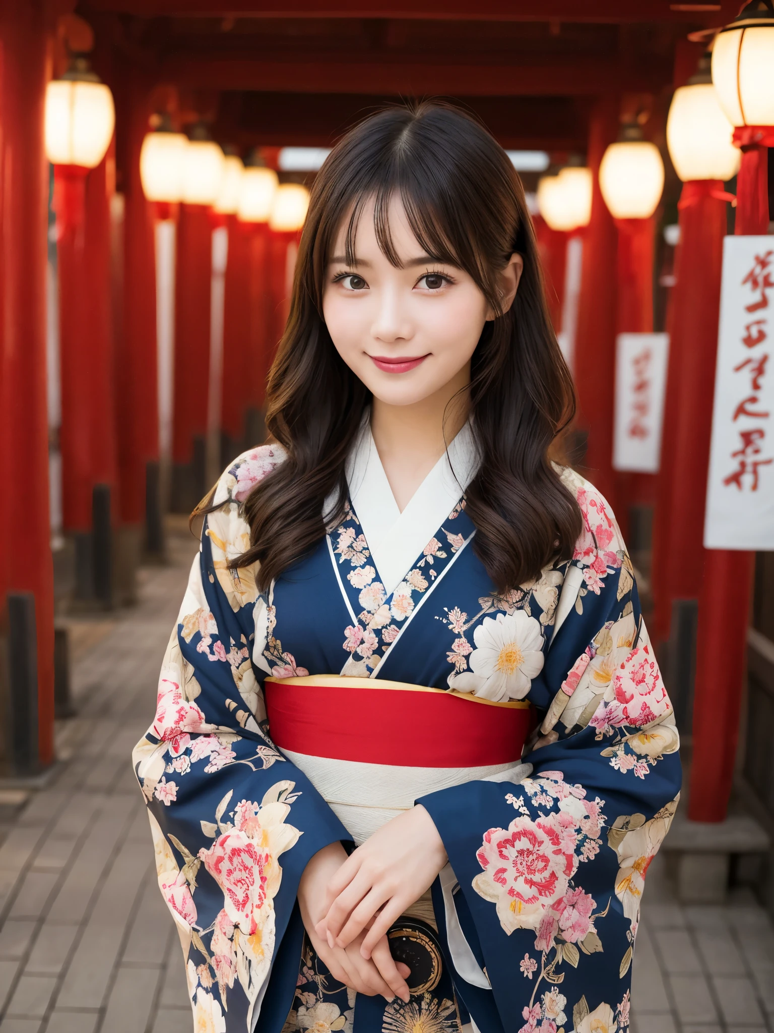 1 adult woman, 30 years old, beautiful and elegant, solo, highres, best_quality, masterpiece, detailed_background, intricate_details, beautiful, maiko, kyoto, yasaka_shrine, lanterns, evening, traditional_clothes, kimono, smile, looking_at_viewer, dynamic_pose, natural_pose, candid, happy