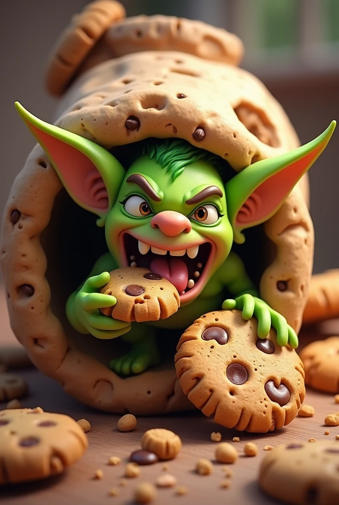 a goblin inside the cookie jar eating cookies make it cartoon and related to clash of clans

Make it all inside the jar including the ears and make the goblin accurate in clash of clans eating a cookie