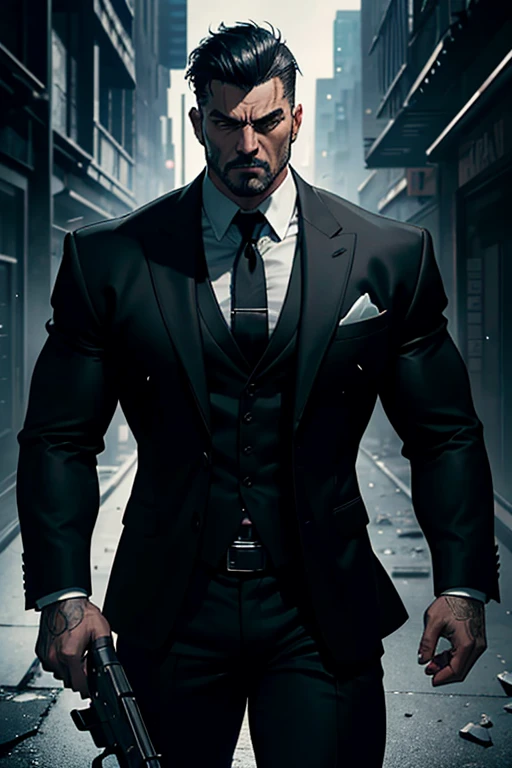 a muscular man in a black suit, short black hair,serious intense expression, holding a large gun, bodyguard, mafioso, armed, melee combat, cinematic lighting, dark dramatic atmosphere, gritty realistic style, chiaroscuro lighting, high contrast, cinematic composition, photorealistic, 8k, intricate details, unreal engine