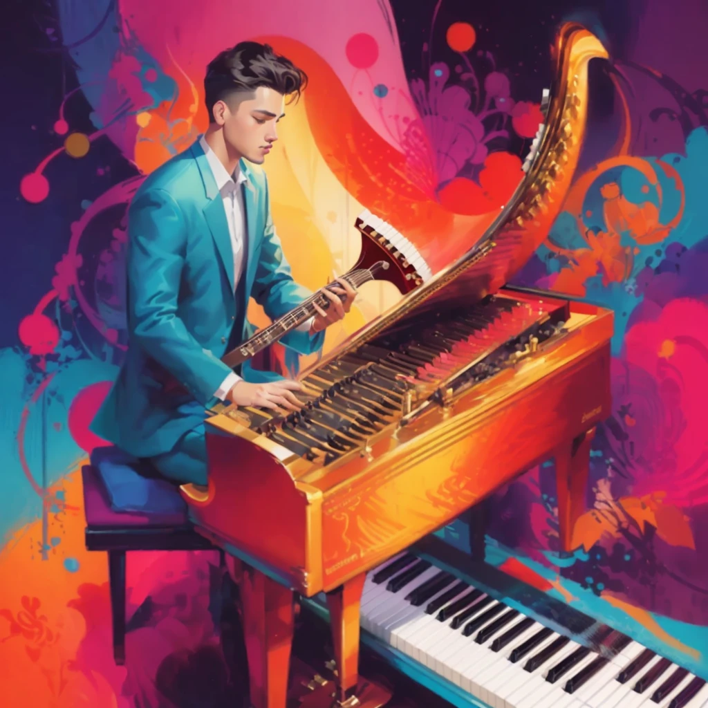 Poster with men playing musical instruments on colorful background, Portrait of energetic jazz piano, Promotional Art, pianist, Artistic Illustration, Vibrant fan art, Official artwork, Very high quality artwork, stylized digital illustration, Art Cover, Digital art illustration, Promotional Artwork, Promotional Art, Exquisite digital illustrations, Album art, Profile artwork, musician, Composition