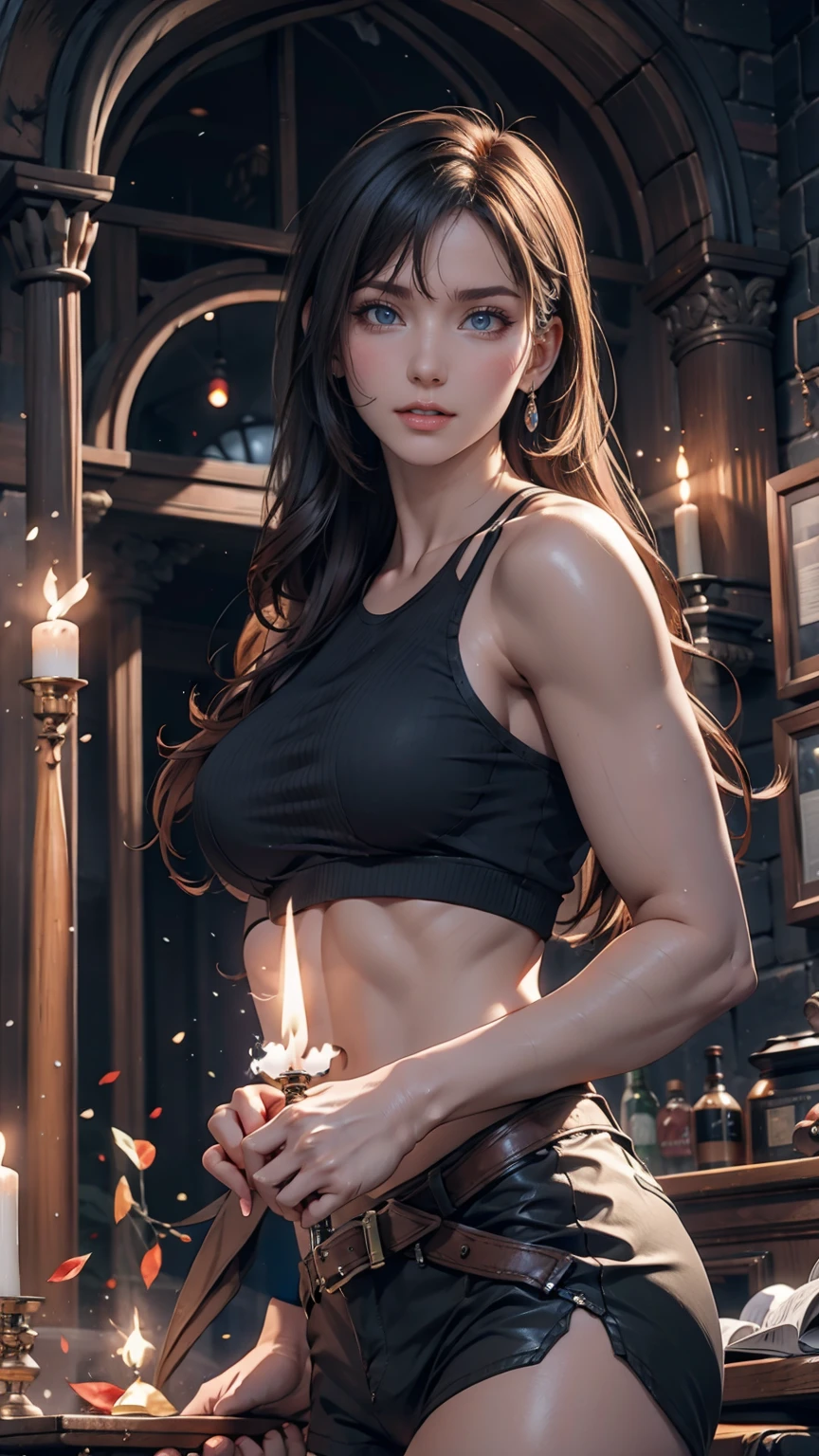 Tomb Radar、Lara Croft、ancient ruins、cave、dark、Hold up a lit torch to light the way ahead、pistol(Colt Government)Hold