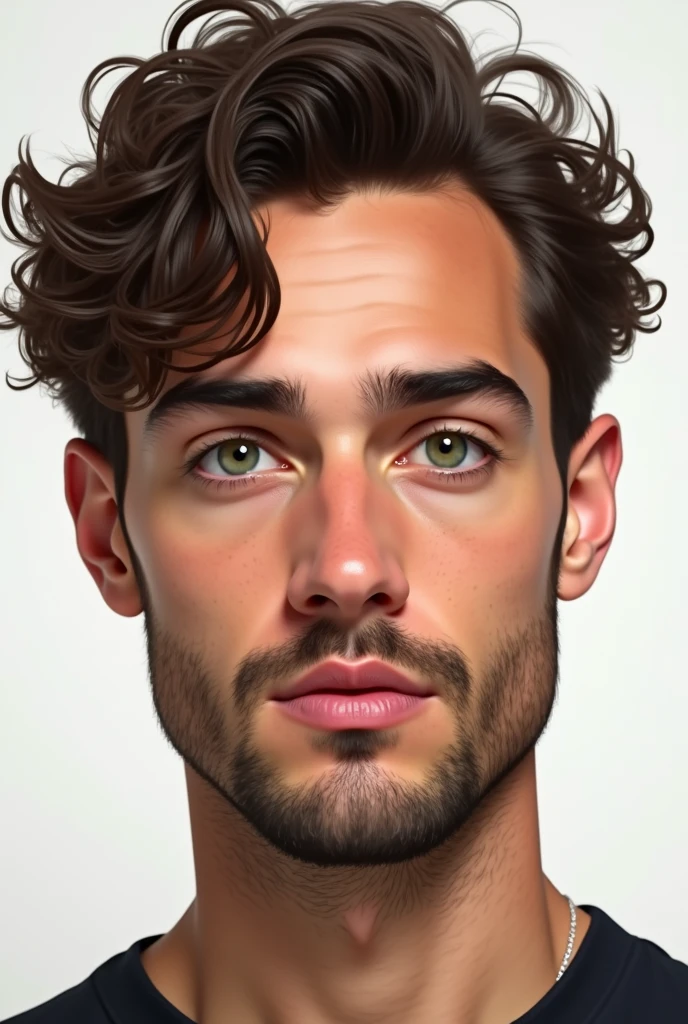 Create a man according to the reference: A man of 25 years old, white of big green eyes, medium brown curly hair, pointy nose, drawn mouth, closed beard, thin chin, Oval face. Foto realista