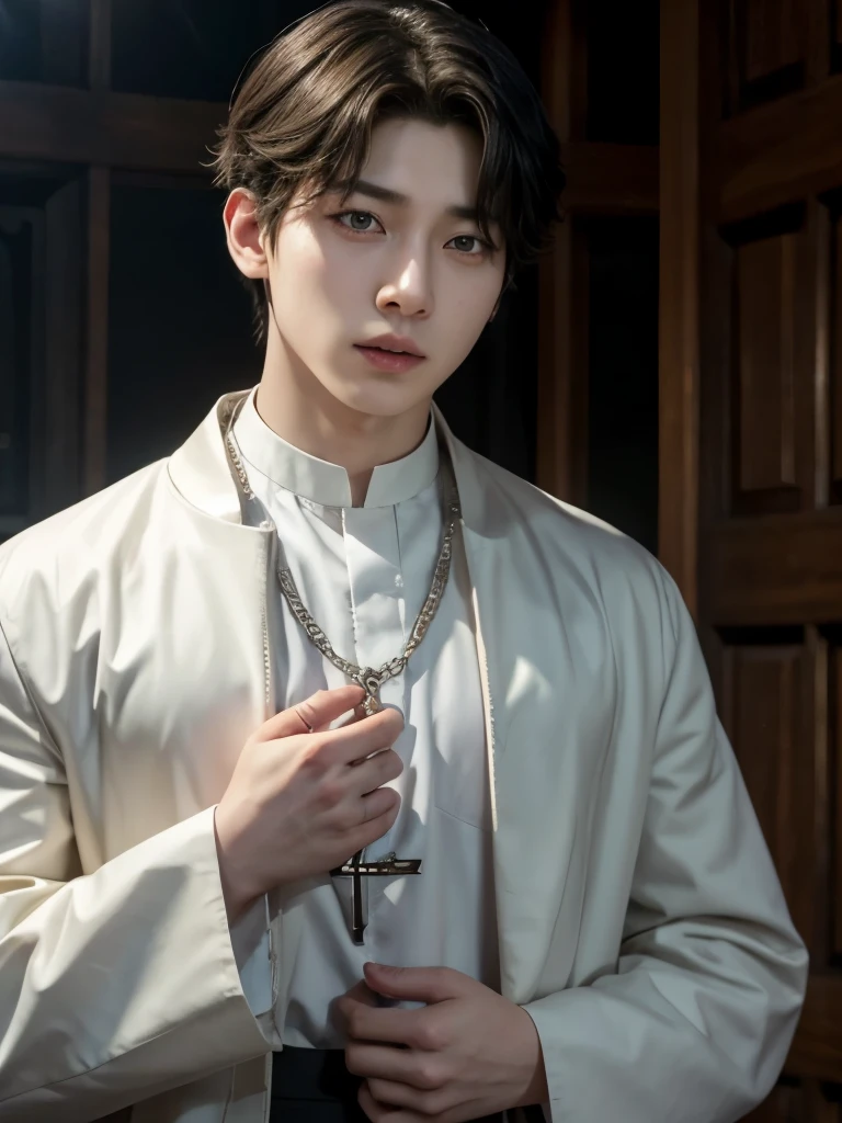 A young priest, masculine man with traits of jungkook of bts stands with a rosary in his hands
