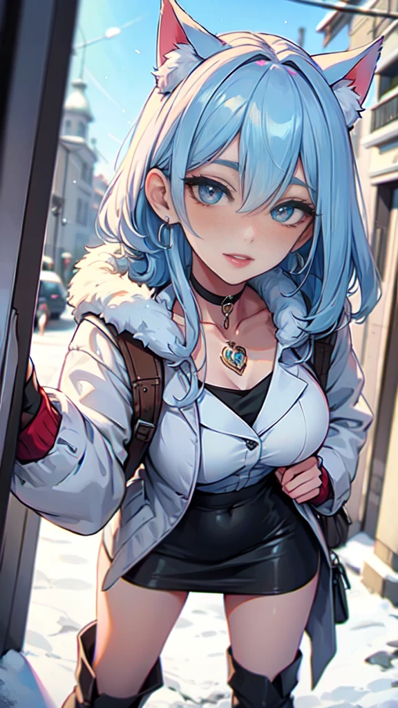 Masterpiece, beautiful art, professional artist, 8k, art style by sciamano240, very detailed face, very detailed hair, very detailed clothes, 1girl, perfectly drawn body, beautiful face, long hair, light blue hair , very detailed blue vertical cat eyes, square glasses, pouty lips , rosey cheeks, intricate details in eyes, extreme close up of face, see only head and neck, staring directly at viewer, wearing cute winter clothes, winter coat, necklace, choker, earrings, gloves, pencil skirt, black tigh boots, some freckles, big wide grin, in love with the viewer expression, sunny winter setting, walking outside,