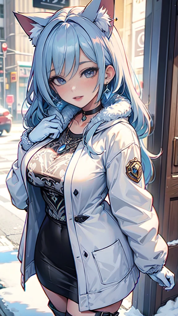 Masterpiece, beautiful art, professional artist, 8k, art style by sciamano240, very detailed face, very detailed hair, very detailed clothes, 1girl, perfectly drawn body, beautiful face, long hair, light blue hair , very detailed blue vertical cat eyes, square glasses, pouty lips , rosey cheeks, intricate details in eyes, extreme close up of face, see only head and neck, staring directly at viewer, wearing cute winter clothes, winter coat, necklace, choker, earrings, gloves, pencil skirt, black tigh boots, some freckles, big wide grin, in love with the viewer expression, sunny winter setting, walking outside,