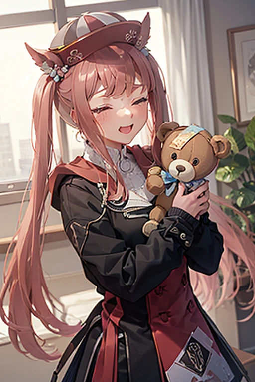 1girl, solo, long hair, blush, open mouth, skirt, blonde hair, long sleeves, hat, ribbon, twintails, closed eyes, wings, fang, tears, sleeves past wrists, black headwear, halo, stuffed toy, stuffed animal, crying, armband, sleeves past fingers, teddy bear, black coat
((((sexy)))),