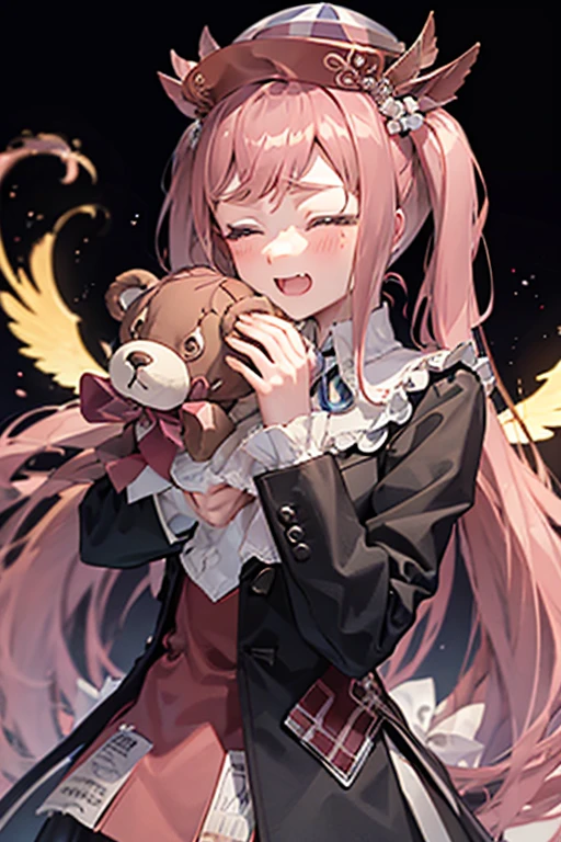 1girl, solo, long hair, blush, open mouth, skirt, blonde hair, long sleeves, hat, ribbon, twintails, closed eyes, wings, fang, tears, sleeves past wrists, black headwear, halo, stuffed toy, stuffed animal, crying, armband, sleeves past fingers, teddy bear, black coat
((((sexy)))),